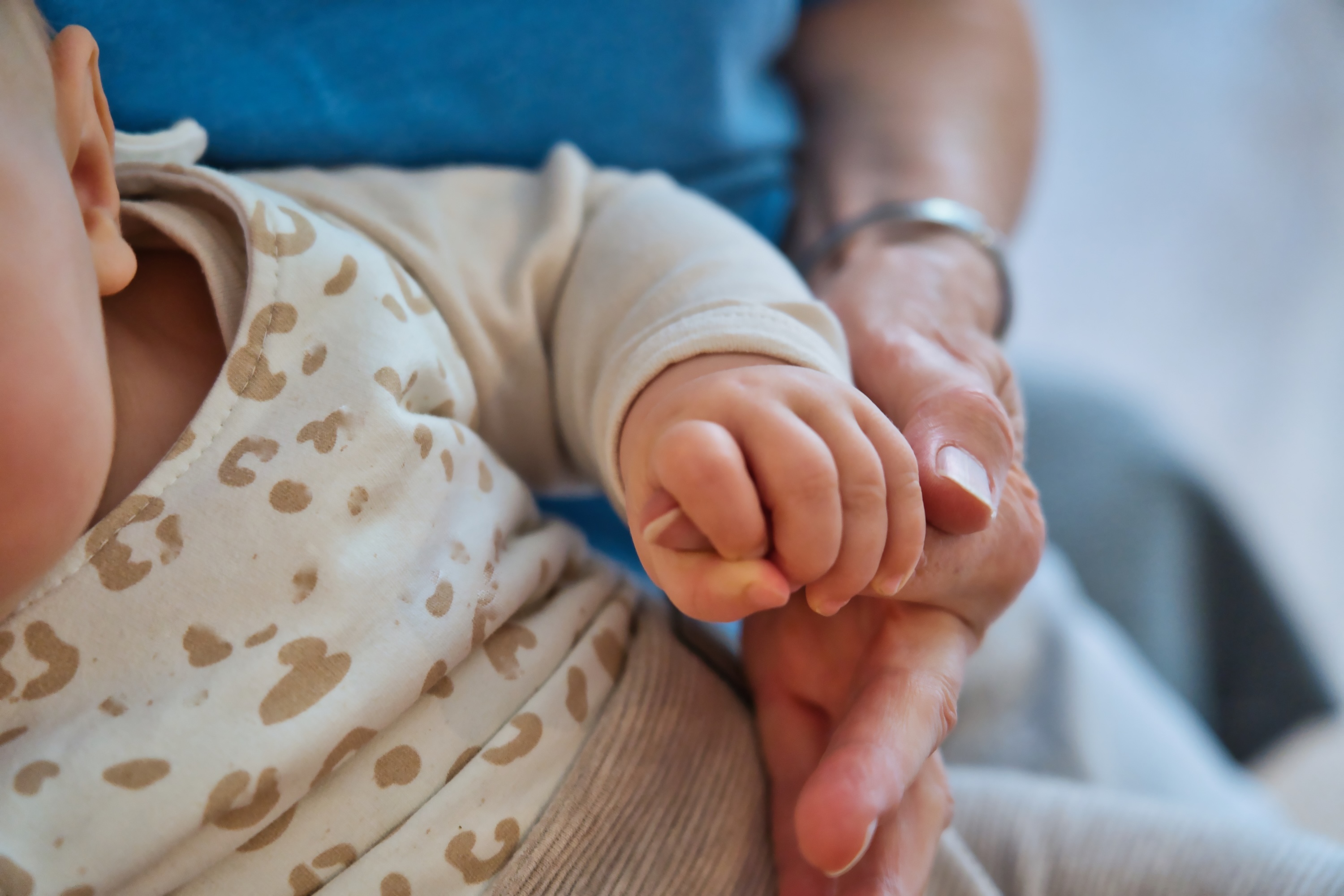 Babyhand umfasst die Hand einer erwachsenen Person
